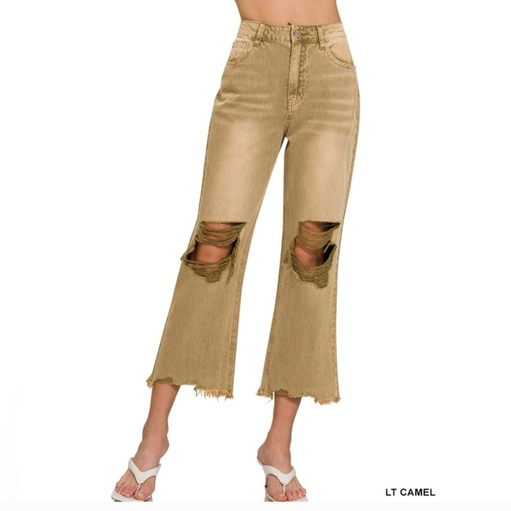 Zenana Outfitters Light Camel Distressed Cropped Flared Jeans